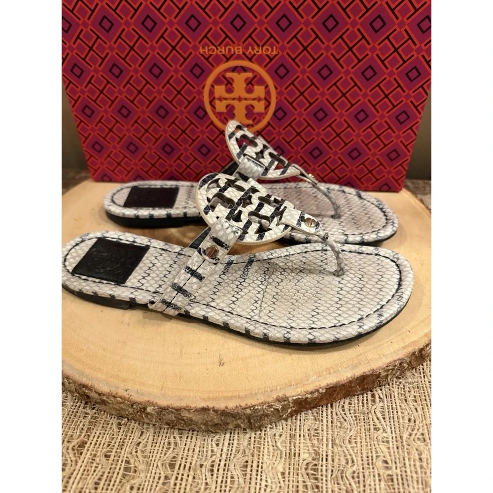Tory Burch Miller Leather Thong‎ Sandal Warm Roccia Black & White US 7 258$